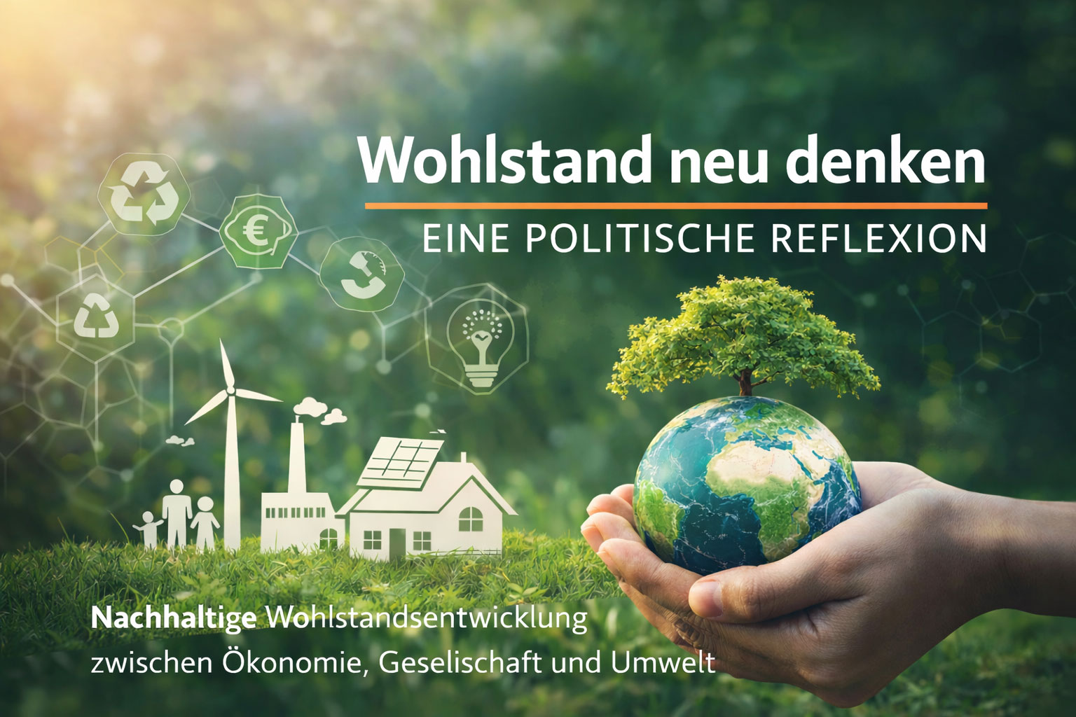 KI generiertes Symbolbild: Nachhaltige Wohlstandsentwicklung zwischen Ökonomie, Gesellschaft und Umwelt